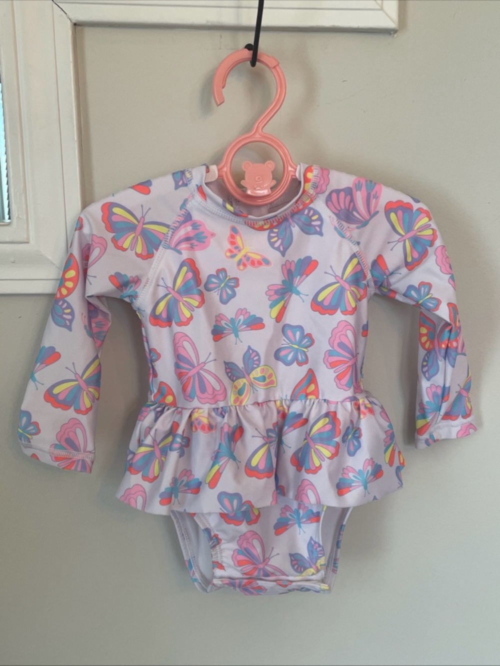 Wave Zone Baby Girls One Piece Long Sleeved Swimsuit Butterfly Ruffle Size 6-9 M